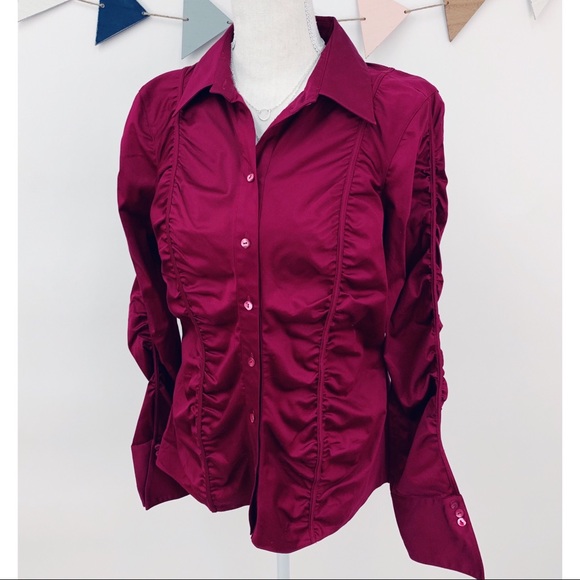 eye Tops - Chic Button Down Shirt w/Allover Ruching in Garnet